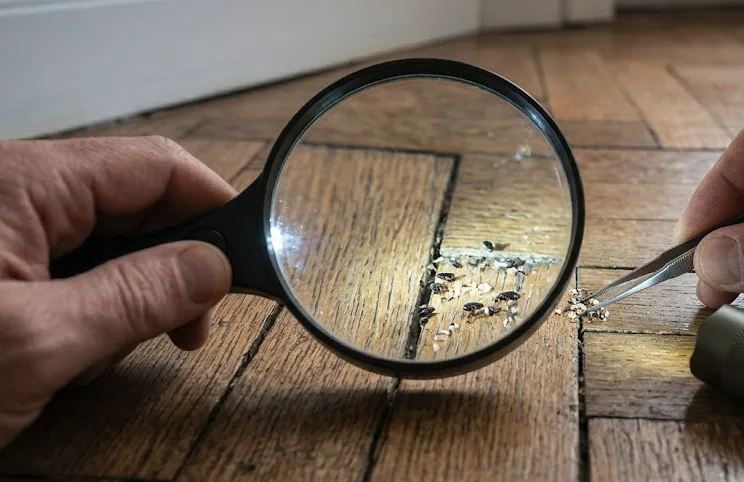 Inspection des fentes du parquet à la recherche de nids de puces