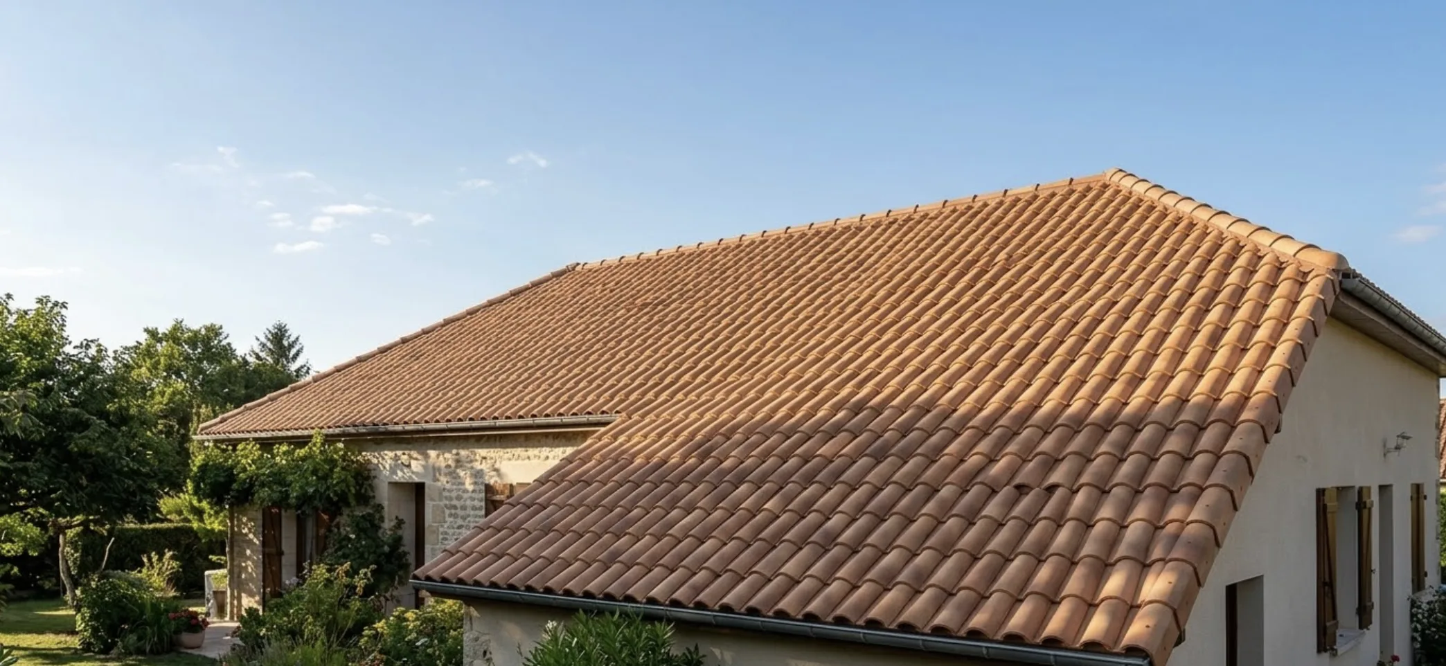 Artisan couvreur en train d'inspecter et aligner des tuiles romanes sur le pan d'un toit incliné