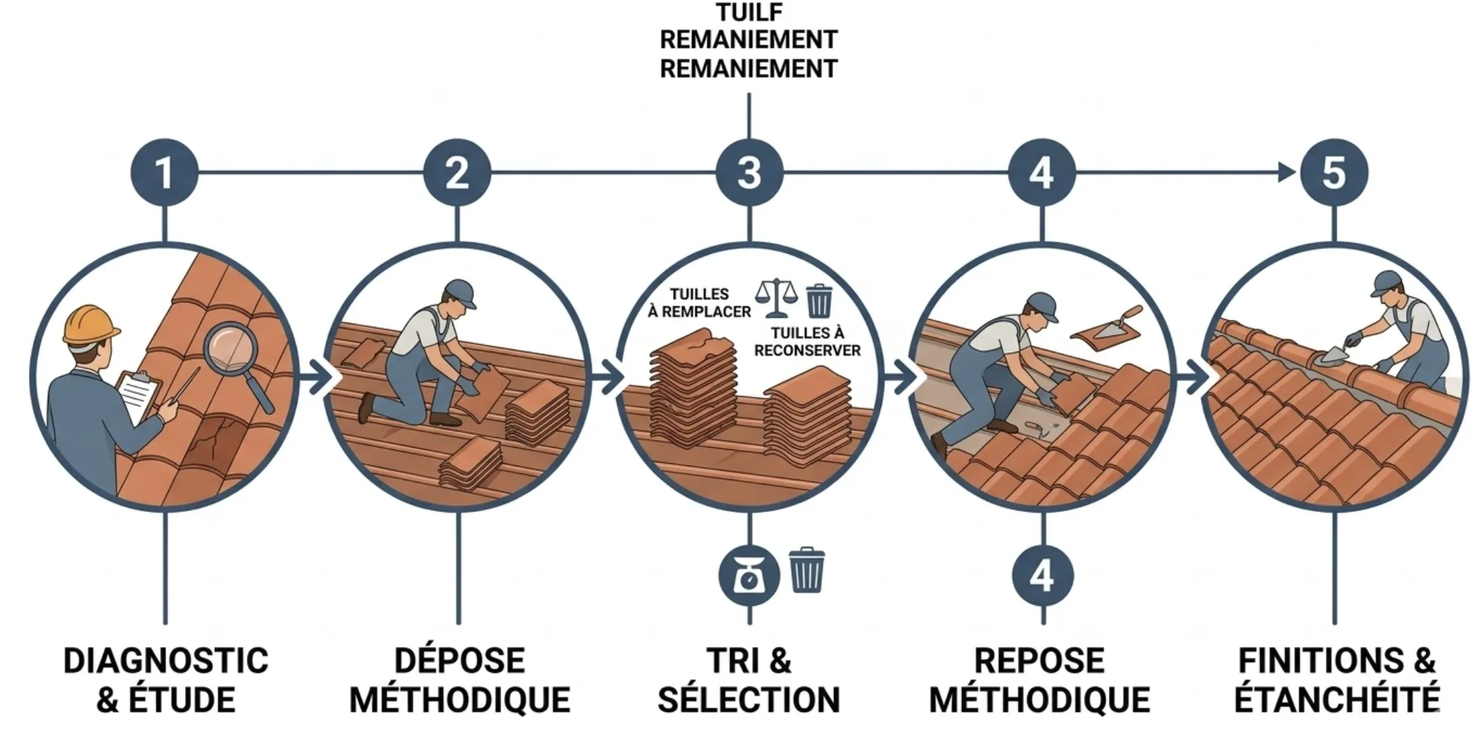 Détail des liteaux et de l'écran de sous-toiture révélés lors de la dépose des anciennes tuiles et gouttières