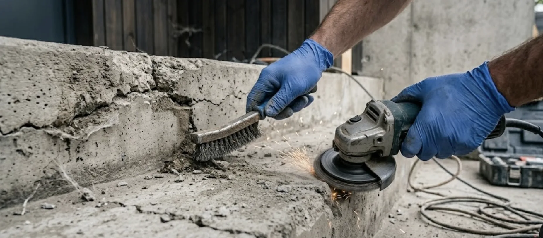 Nettoyage et décapage des marches abîmées d'un escalier béton