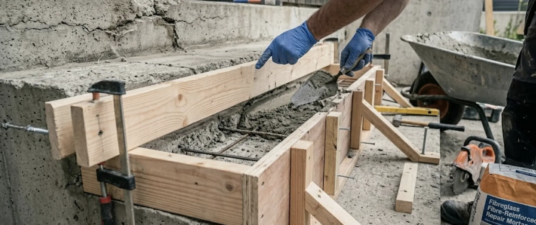 Coffrage en bois pour la réparation d'un nez de marche