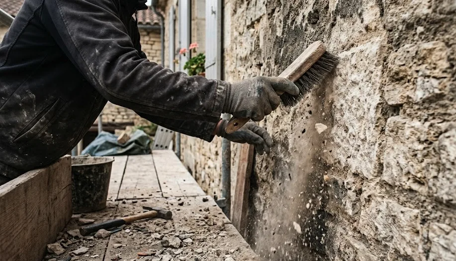 Test du marteau sur une façade pour détecter les zones creuses