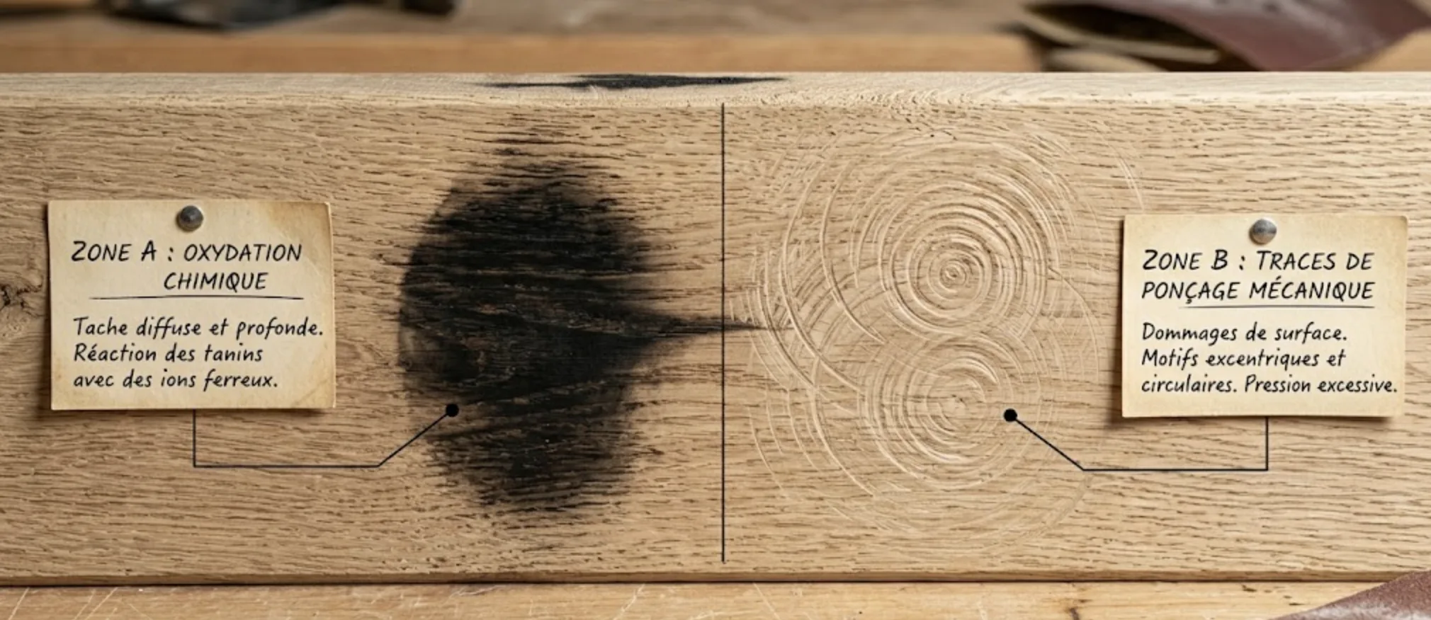 Comparaison entre une tache chimique et des traces de ponçage mécaniques sur bois
