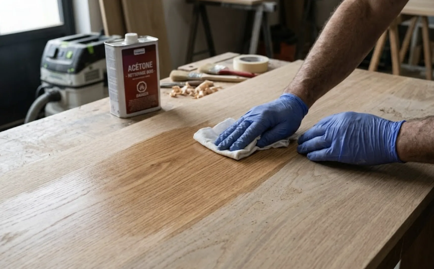 Nettoyage à l'acétone d'un plateau en bois brut avant application du vernis