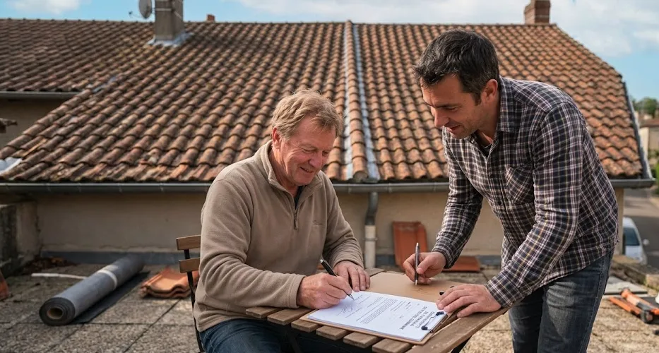 Signature d'une convention écrite entre voisins avant des travaux de toiture commune