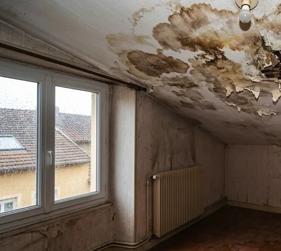 Infiltration d'eau dans un plafond suite à un défaut de toiture commune non entretenue