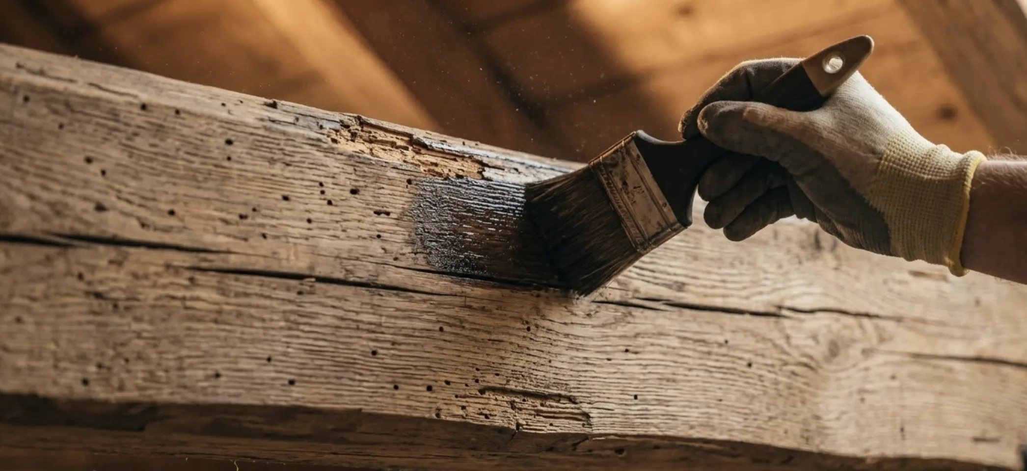 Charpente fortement attaquée et fragilisée par des termites ou capricornes