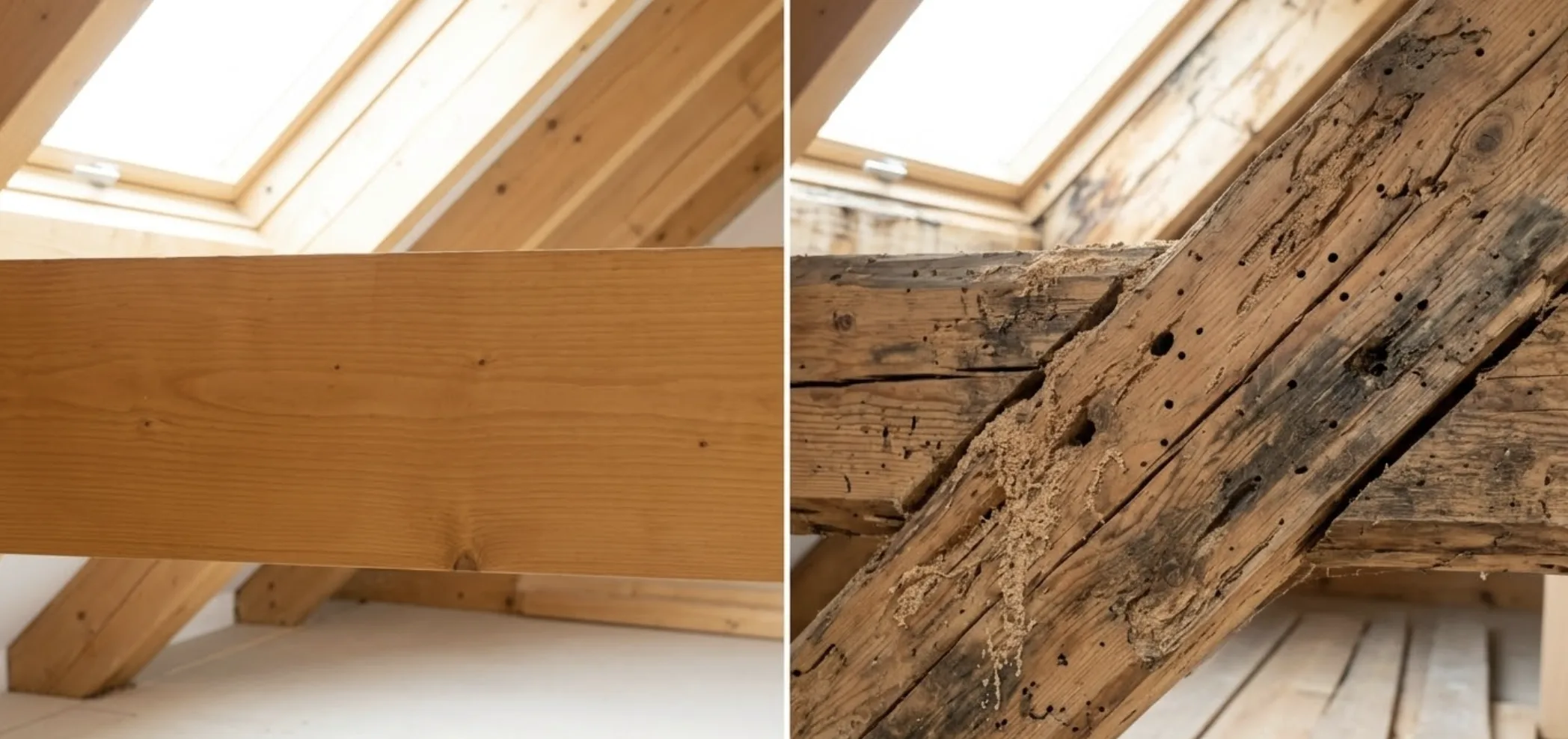 Artisan procédant à l'injection sous pression du produit fongicide dans une grosse poutre en bois