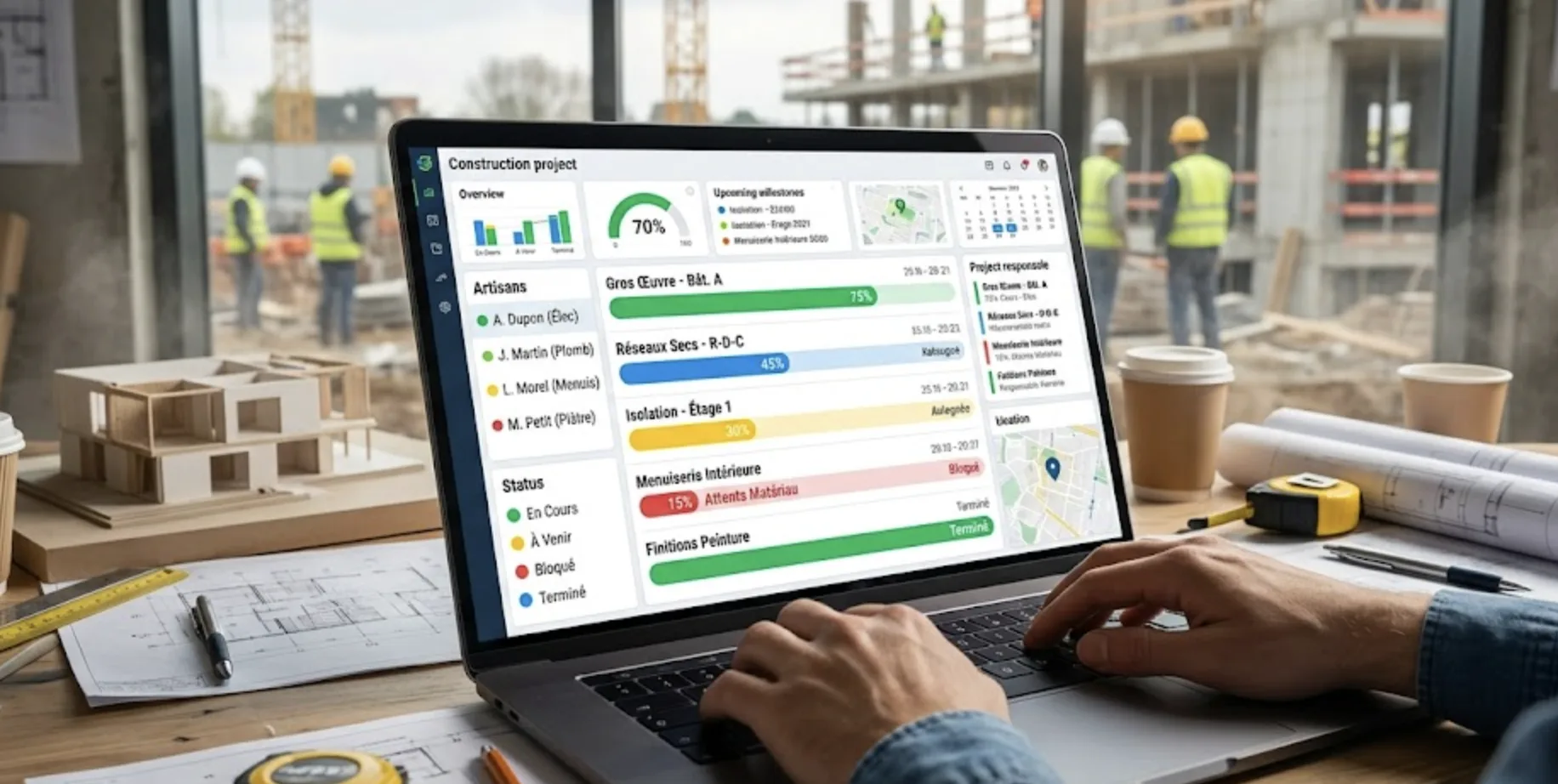 Dashboard de suivi de chantier : barres de progression, liste d'artisans, statut des délais