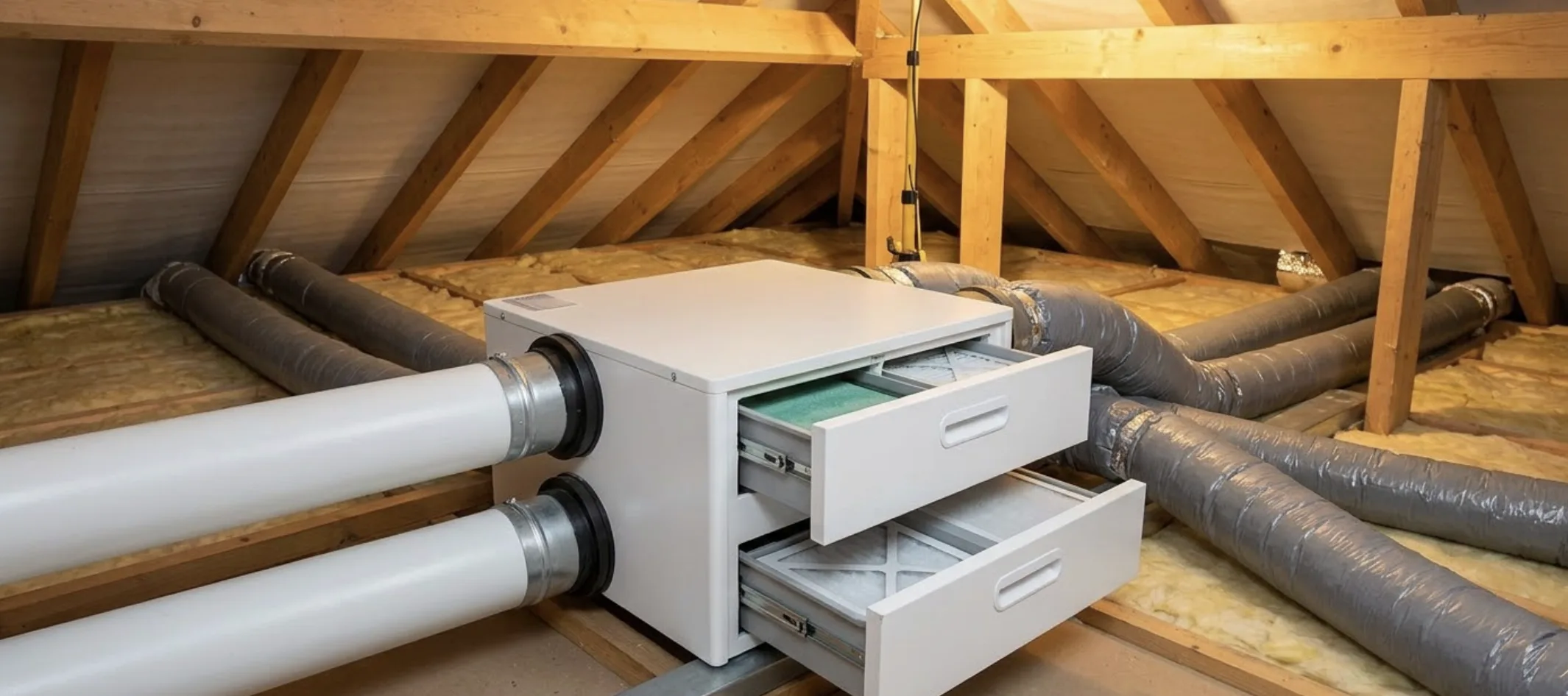 Gros plan sur l'échangeur de chaleur croisé d'un caisson de vmc double flux en coupe