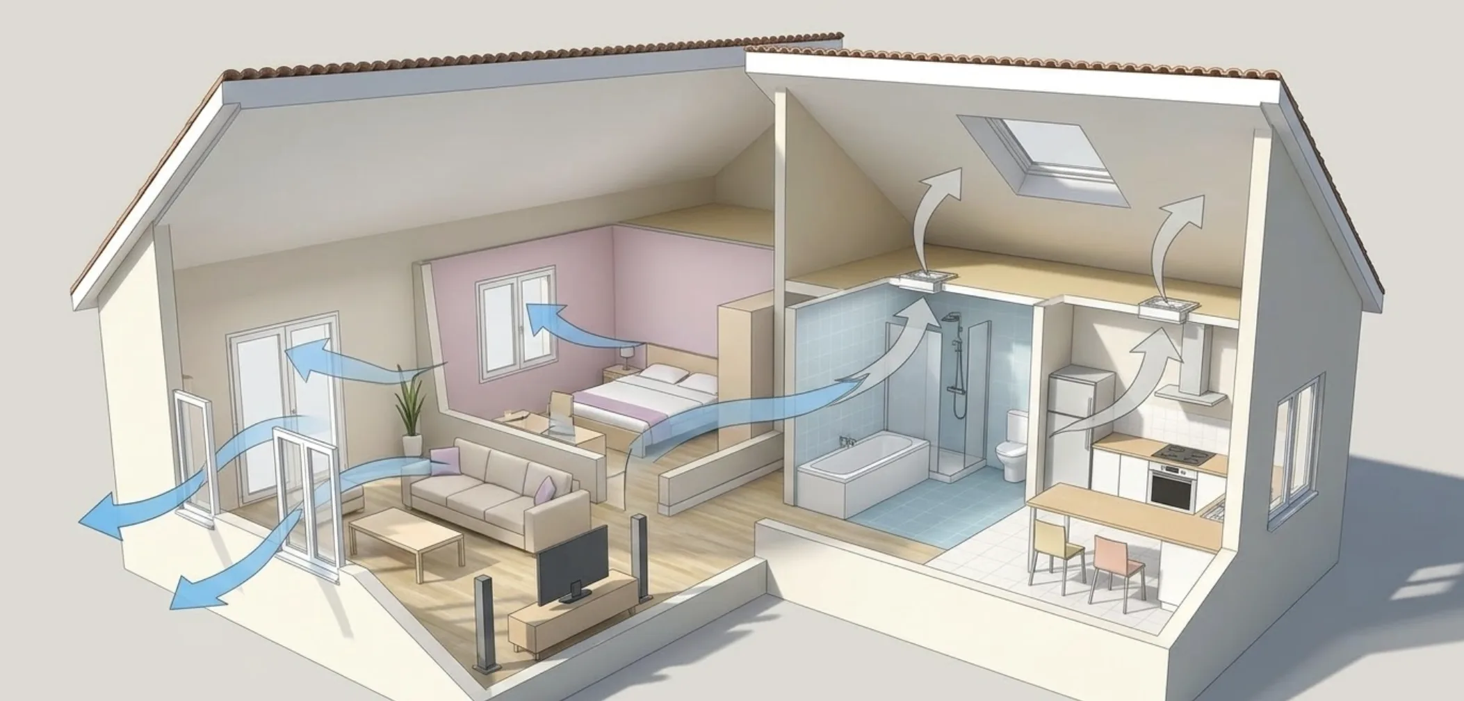 Bouche d'extraction design d'une VMC simple flux installée au plafond d'une salle de bain moderne