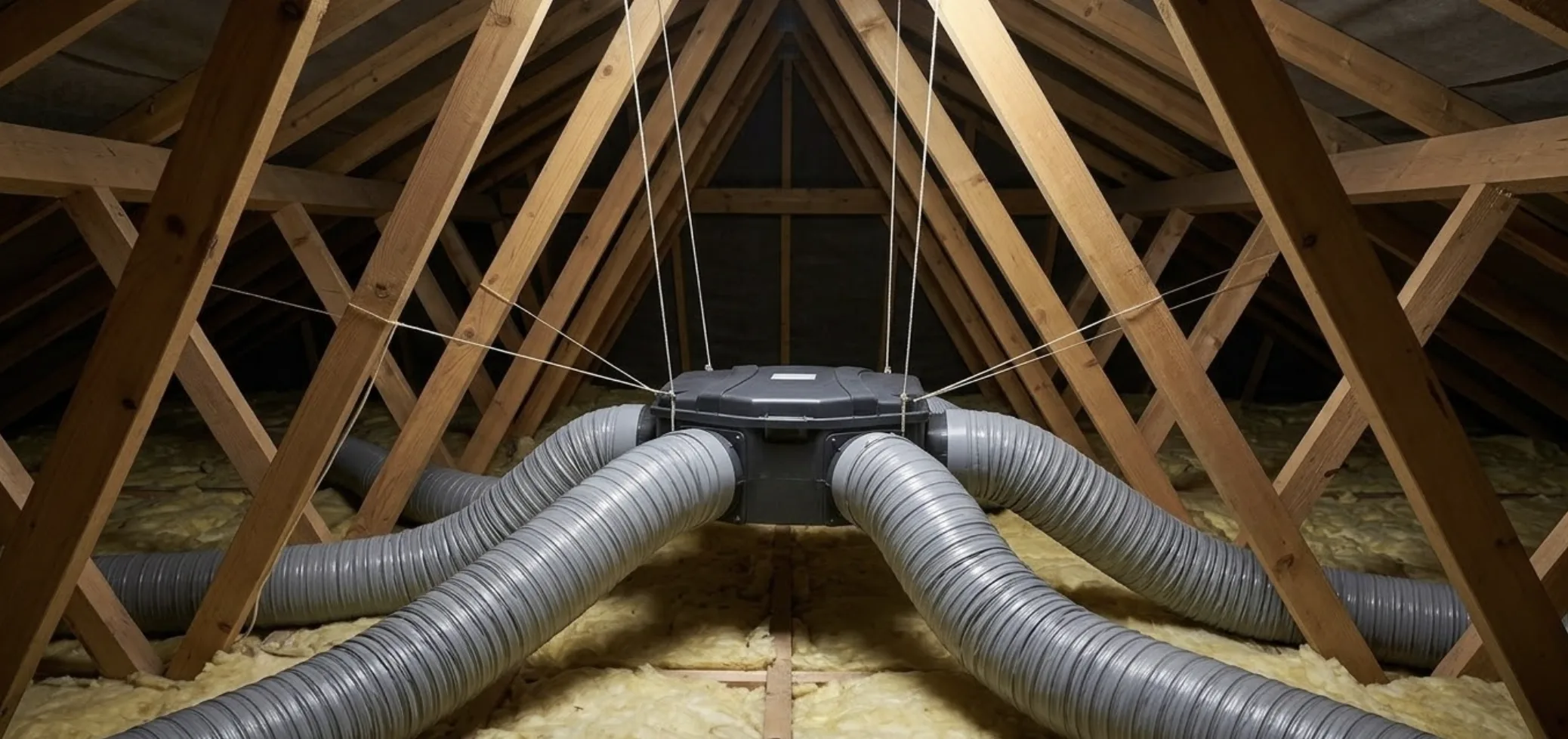 Schéma 3D d'une maison montrant la circulation de l'air d'une VMC simple flux des chambres vers les pièces humides