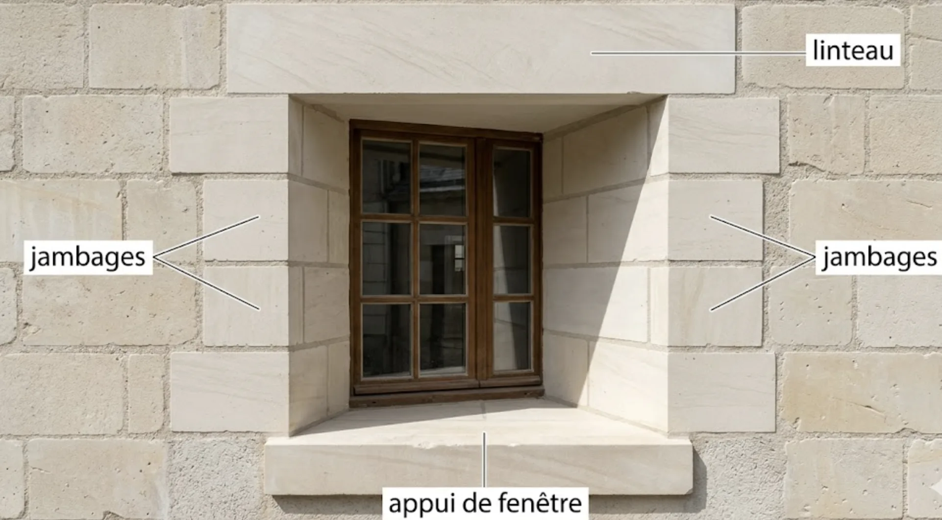 Vue en gros plan d'un encadrement de baie de fenêtre en pierre avec linteau, jambages et appui annotés